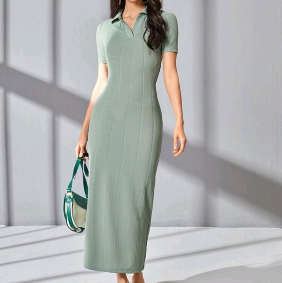 Solid Split Hem Fitted Dress - Picture 1 of 4